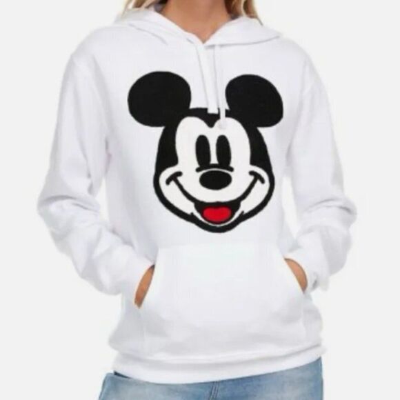 Disney Tops - MICKEY MOUSE Disney Embroidered FACE Hoodie White NWT